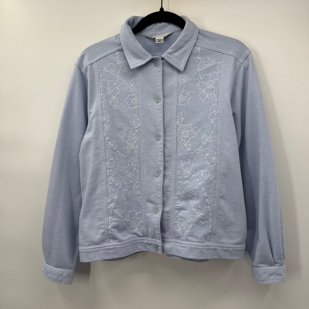 Blast Women PM Petite Medium Jacket Light Blue Embroidered Floral Knit Button Up